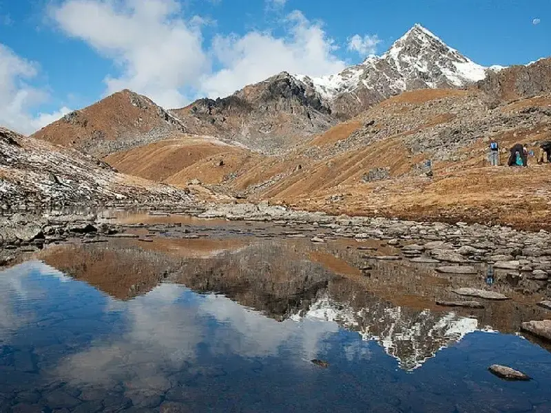 a view of Vasuki Tal Lake with mountain and sky in the background